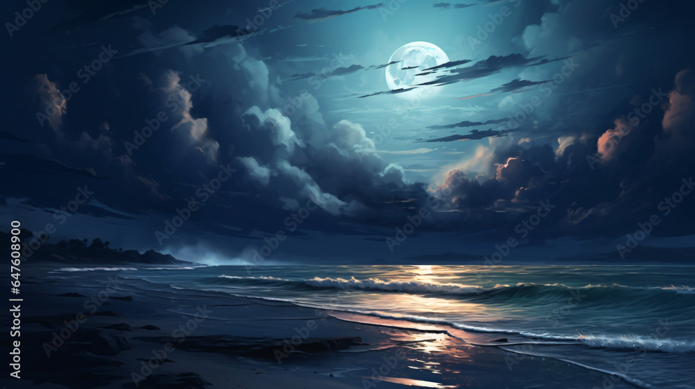 A full moon rising over the ocean