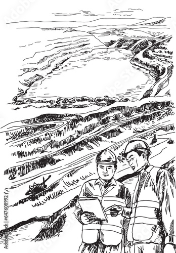 Sketch of two working geologists against the backdrop of a mountainous quarry landscape, hand-drawn