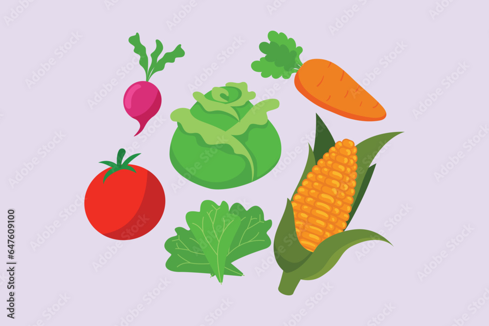 Healthy food concept. Vegetables, fruits and milk. Colored flat vector illustration isolated. 