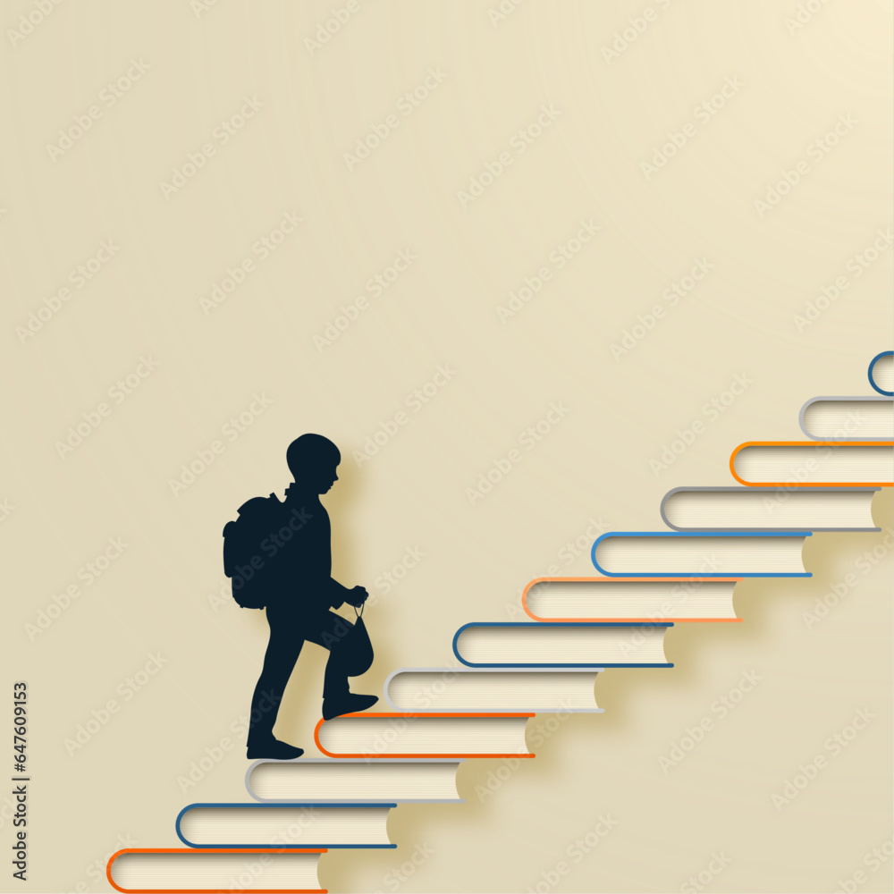 A student with a briefcase and bag climbs the stairs from books to new knowledge. A student with a briefcase and bag climbs the stairs from books to new knowledge.