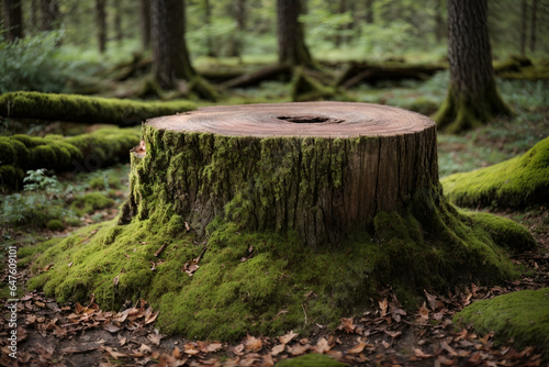 Tree stump wooden cut with green moss in the forest