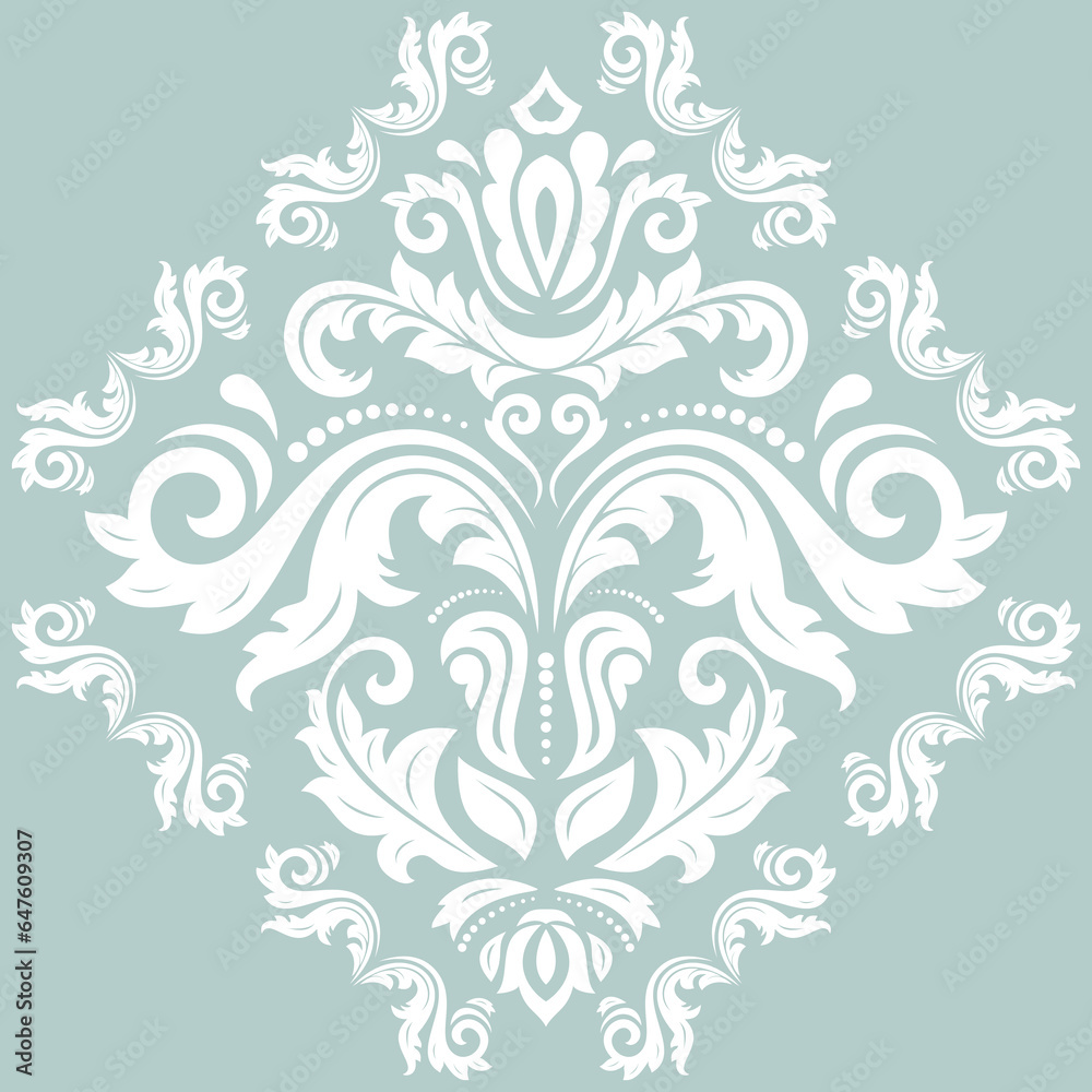 Oriental pattern with arabesques and floral elements. Traditional classic ornament with white square. Vintage pattern with arabesques. White rhombus
