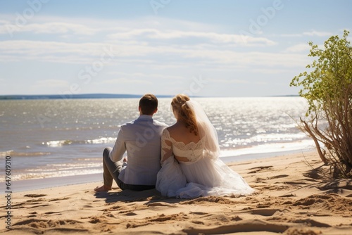 A rear view of a loving couple, bride and groom, sitting beachside