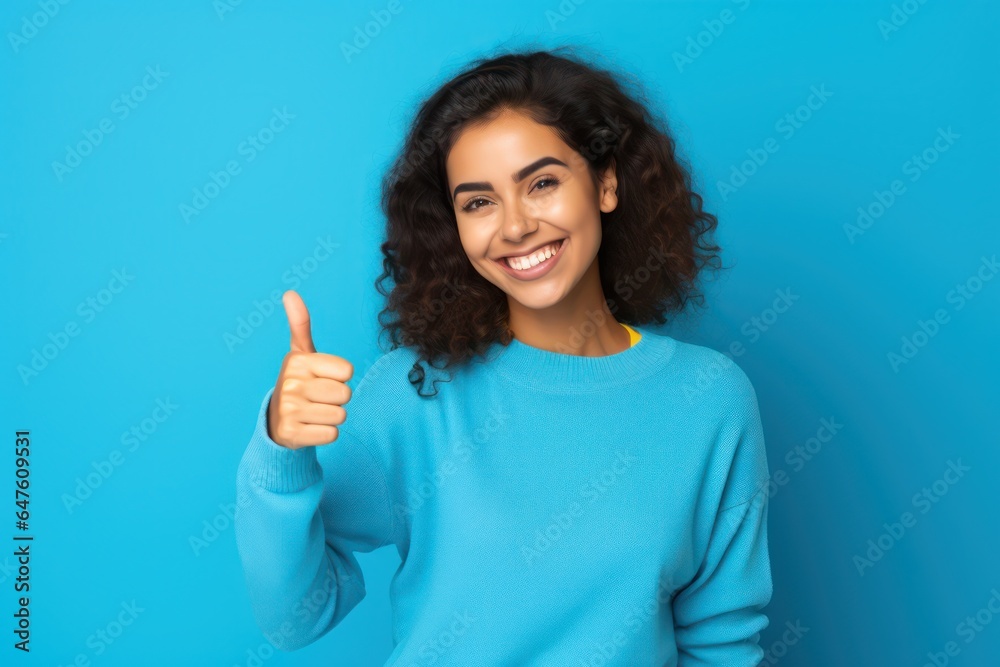 Happy businesswoman showing thumb up over blue background. Wearing a shirt and Looking at the camera. Happy businesswoman showing thumb up over blue background. Wearing a shirt and Looking at the camera.