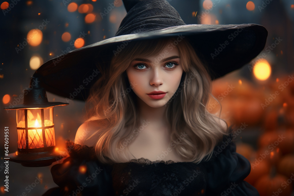 Young woman dressed in a witch costume, on Halloween. Young woman dressed in a witch costume, on Halloween.
