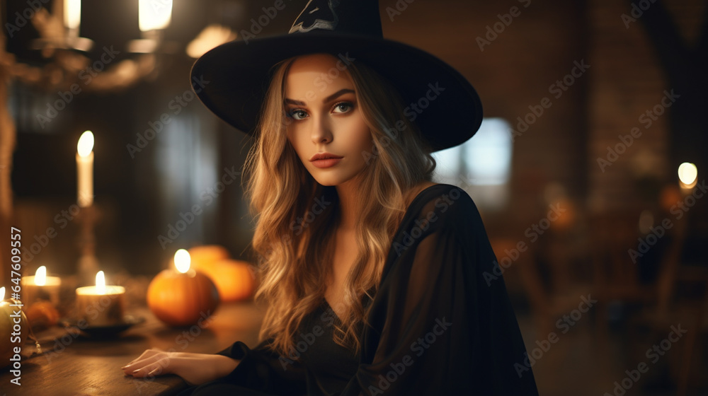 Young woman dressed in a witch costume, on Halloween. Young woman dressed in a witch costume, on Halloween.