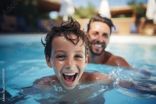 Close up Happy father with young son swim in a pool of warm clear water on vacation. Satisfied child learns to swim with his mother in the pool