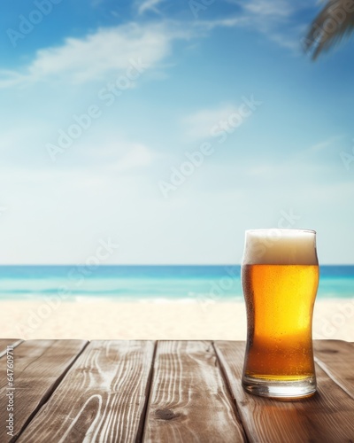 A cold glass of beer on wooden table on background of sea.