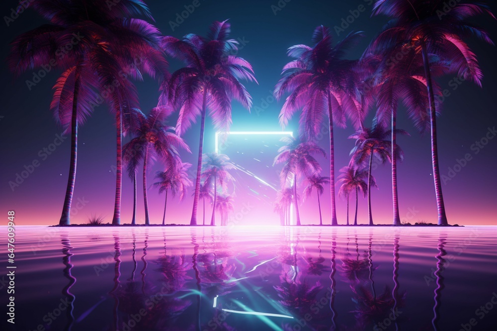 Glowing neon vibes 3D rendering combines modern trends with tropical palm trees