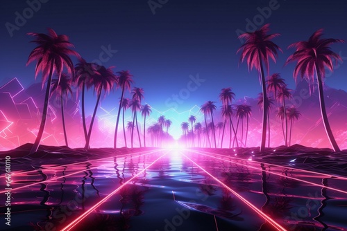 Neon nostalgia 3D wireframe road, palm trees in a synthwave landscape