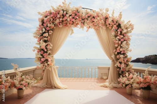 Peachy coastal ceremony Flowered arch, sea backdrop, and vases of vibrant flowers