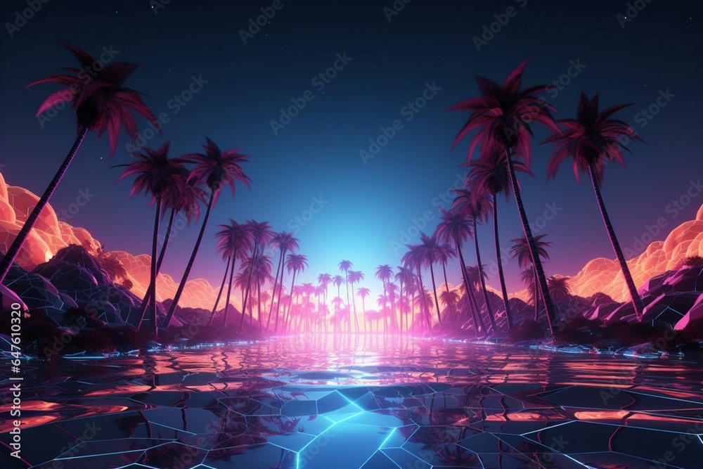 Fototapeta premium Retro futuristic vibes 3D wireframe road, palm trees, and synthwave landscape