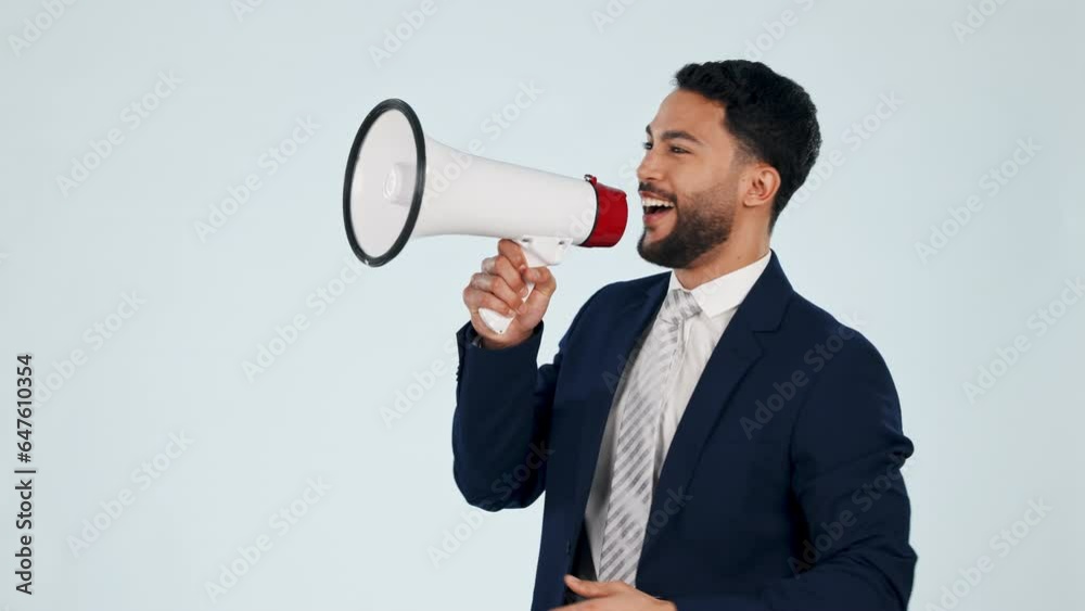 Megaphone, news and business man in studio with announcement, broadcast or feedback on grey background. Speaker, speech and guy boss with bullhorn for recruitment, we are hiring and contact us or faq Megaphone, news and business man in studio with announcement, broadcast or feedback on grey background. Speaker, speech and guy boss with bullhorn for recruitment, we are hiring and contact us or faq