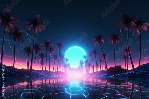 Retrowave road trip 3D wireframe net, palm trees, and neon landscape