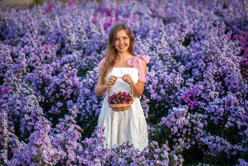 Woman in dress holds a basket of wildflowers in a vibrant summer meadow at sunset. Purple lupines and colorful blooms surround her. Meadow Sunset with Wildflowers. Beauty in Nature