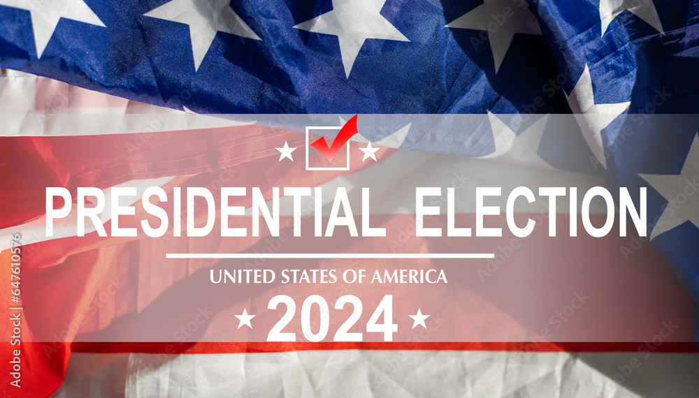 Presidential Election 2024 text on white paper over Waving American