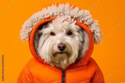 Group portrait photography of a funny komondor dog wearing a ski suit against a bright orange background. With generative AI technology © Markus Schröder