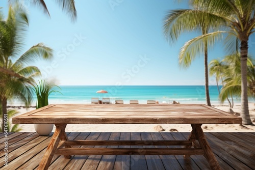 Seascape paradise Wooden table framed by palm tree  calm sea  and sky