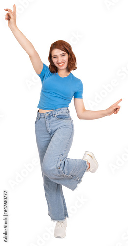 Joyful happy woman, full body front view young Joyful happy woman. Caucasian young teen girl outstretched hands stand on toe isolated transparent png background copy space. Lifestyle concept.