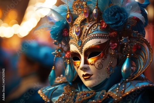 Photo of a woman wearing a colourful venetian mask adorned with jewels and flowers created with Generative AI technology
