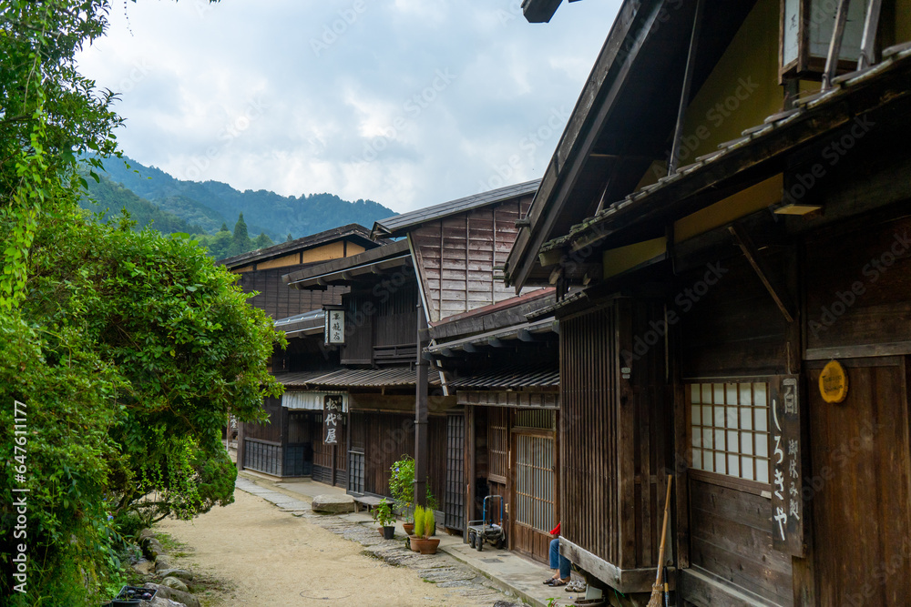Tsumago–juku , Edo village on Enakyo Nakasendo trails during summer morning at Gifu , Japan : 29 August 2019 Tsumago–juku , Edo village on Enakyo Nakasendo trails during summer morning at Gifu , Japan : 29 August 2019
