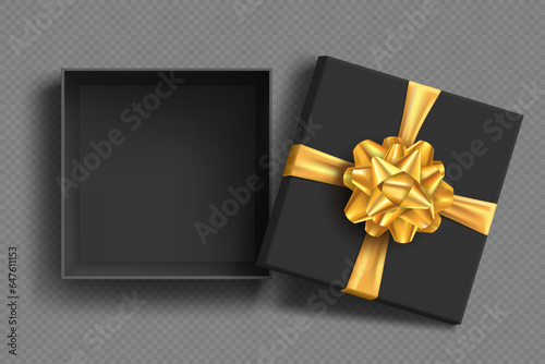 Open black gift box with golden bow and ribbon. Vector mockup isolated on transparent background.