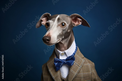 Lifestyle portrait photography of a bored italian greyhound dog wearing a dapper suit against a deep indigo background. With generative AI technology © Markus Schröder