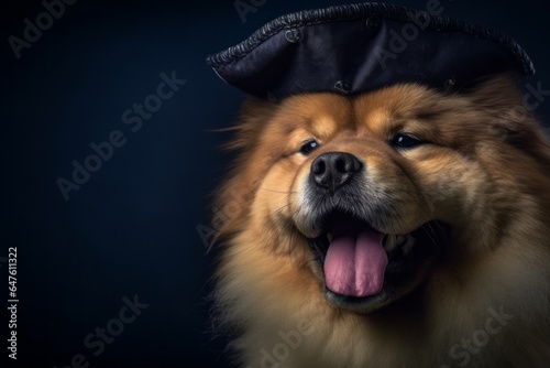 Medium shot portrait photography of a happy chow chow dog wearing a pirate hat against a deep indigo background. With generative AI technology photo