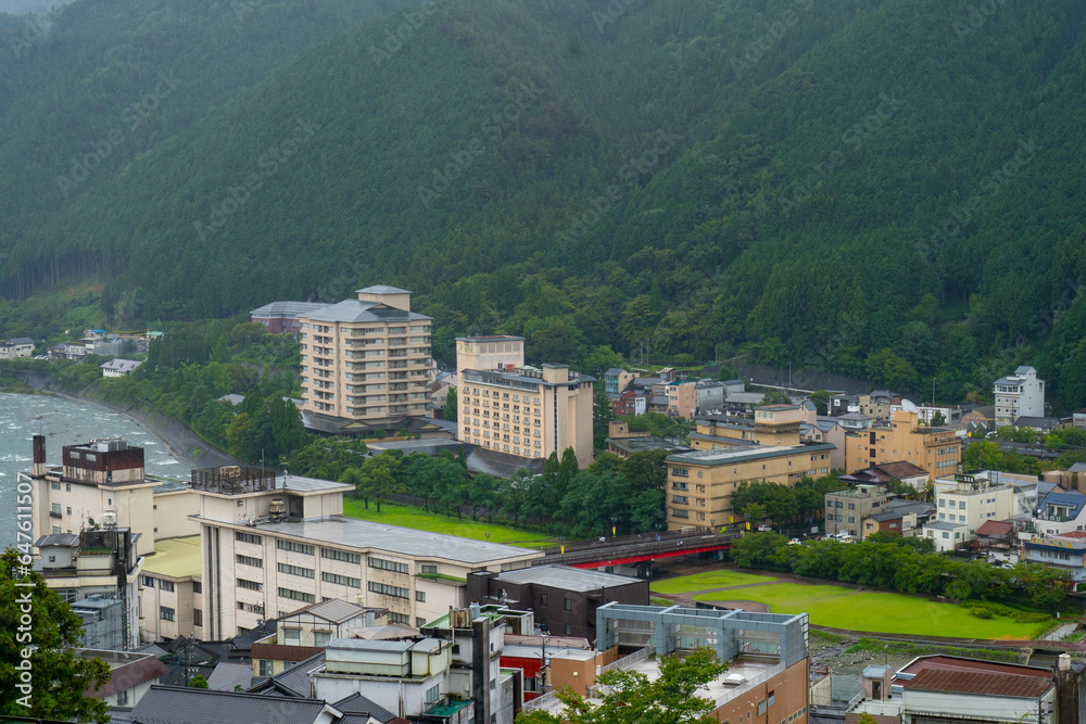 Gero onsen town , Hot Spring town during summer rainy day at Gero Gifu , Japan : 30 August 2019 .