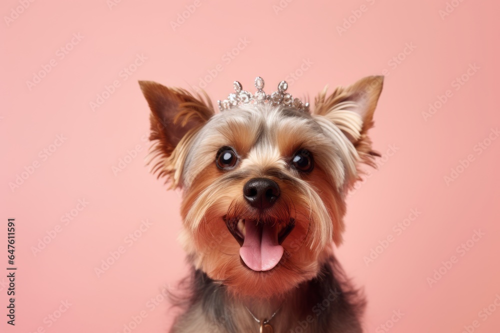 Lifestyle portrait photography of a smiling yorkshire terrier wearing a princess crown against a peachy pink background. With generative AI technology