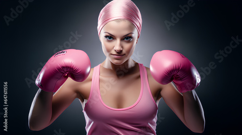 Woman with scarf and pink boxing gloves for the fight and awareness about breast cancer