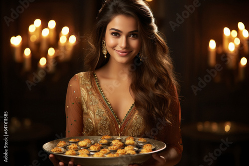 Happy indian woman Celebrating Diwali. holding Pooja Thali in hand.