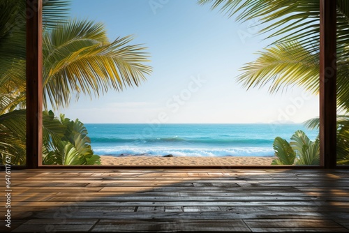 Tropical tabletop Seascape framed by palm leaves on a rustic wooden surface