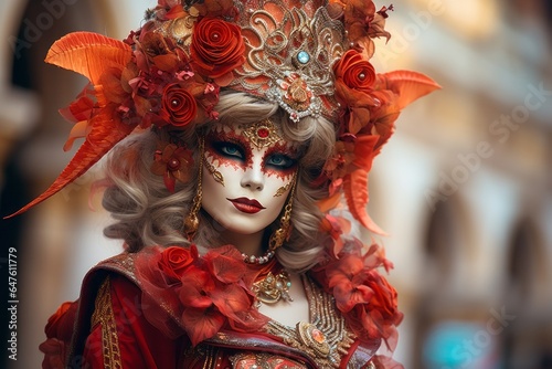 Photo of a woman wearing a colourful venetian mask adorned with jewels and flowers created with Generative AI technology © AI Visual Vault