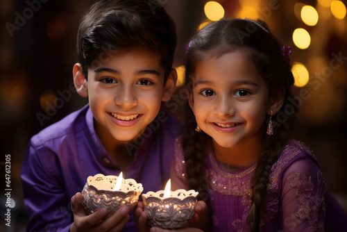 Indian little boy and girl celebrating traditional festival together