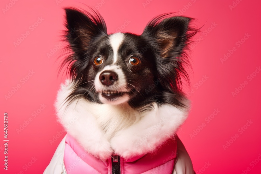 Medium shot portrait photography of a funny papillon dog wearing a puffer jacket against a hot pink background. With generative AI technology