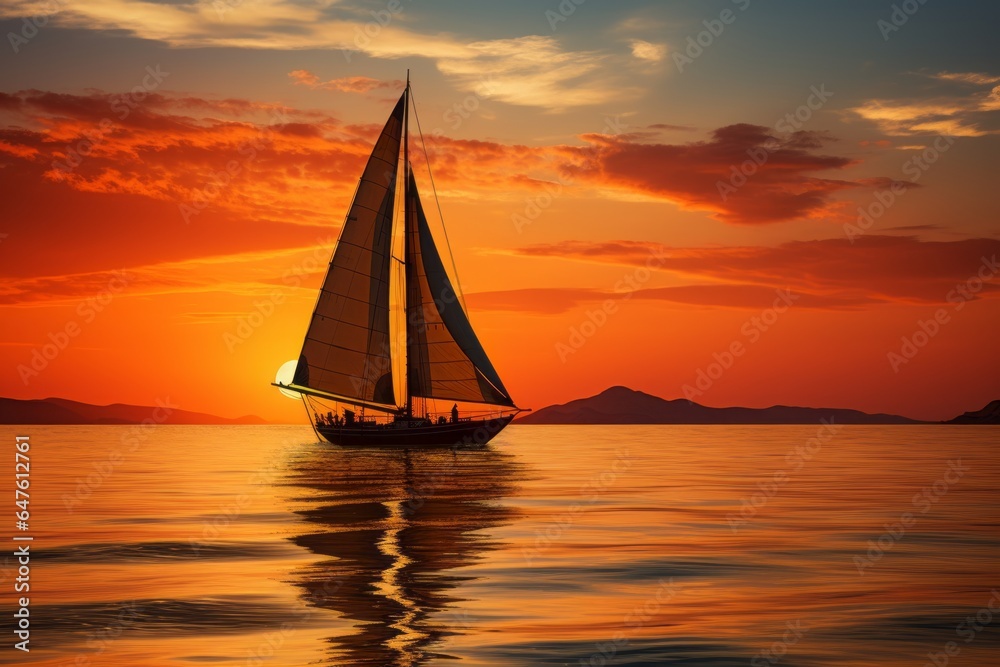 Serene sailboat silhouette gliding on a calm lake under the warm hues of a sunset , Generative AI 