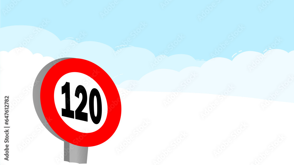 120 kmh speed limit target sign label vector art illustration with blue sky and white cloud background