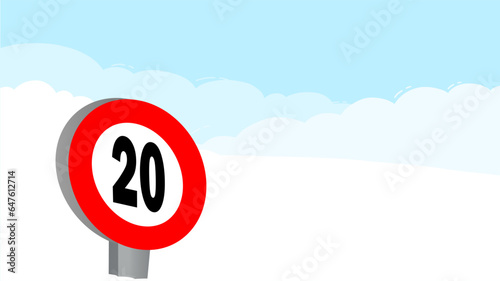 20 kmh speed limit target sign label vector art illustration with blue sky and white cloud background