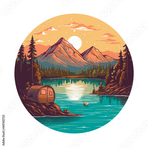 Backlighting summer sunset with beautiful yellow. A logo of big waves under a sunrise, montains at the back with trees, with birds in, minimalist picture. Vector illustration.