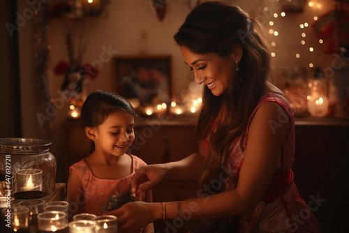Indian woman with her little girl celebrating diwali festival.