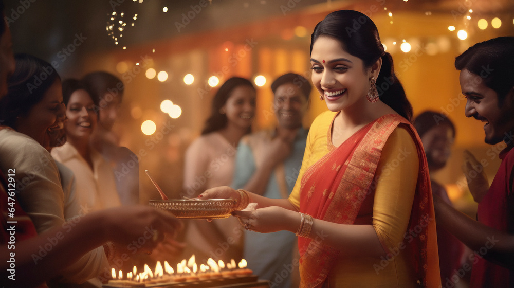 Young indian woman serve ice cream and celebrating traditional festival diwali. Young indian woman serve ice cream and celebrating traditional festival diwali.