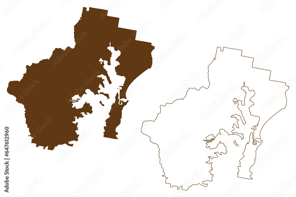 Obraz premium City of Lake Macquarie (Commonwealth of Australia, New South Wales, NSW) map vector illustration, scribble sketch Lake Macquarie map
