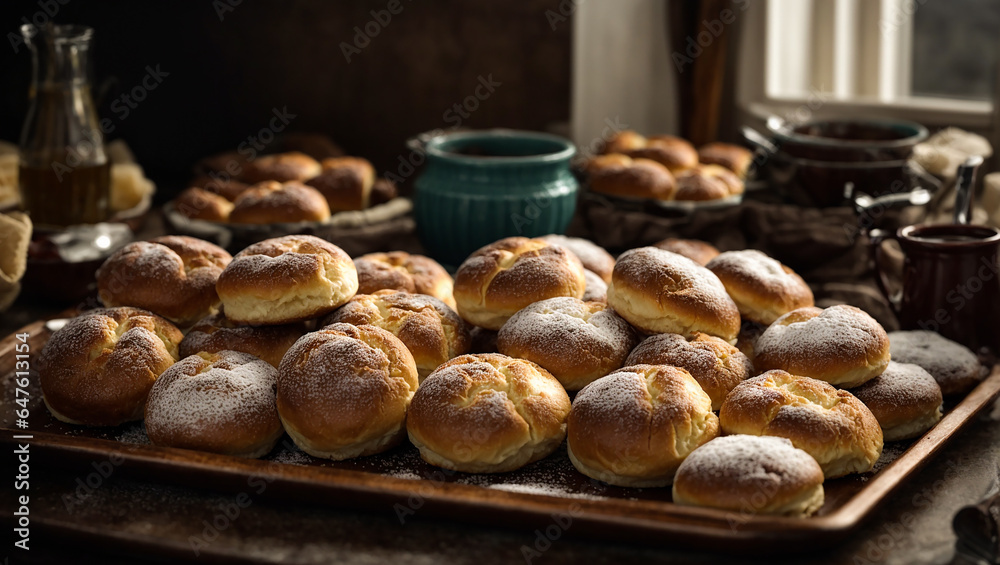 Delicious baked buns in rustic style