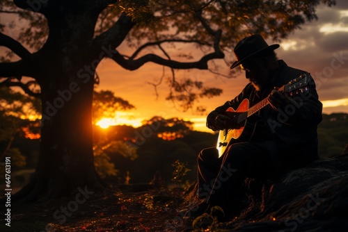 Silhouette of a musician playing a guitar under a tree at sunset, Generative AI  © Shooting Star Std