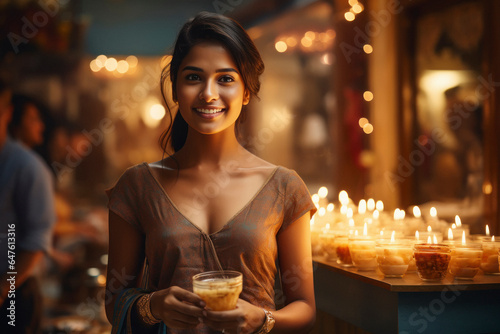 Young indian woman serve ice cream and celebrating traditional festival diwali