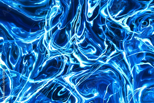 Blue and black paint pigment mix. Ornament mosaic swirl shapes background. Neon glow fluid. Uv light background. Artistic marbling texture. Modern art texture. Closeup science effect.