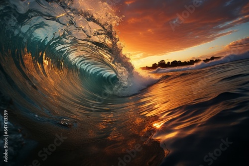 Sunsets behind the ocean waves, Generative AI