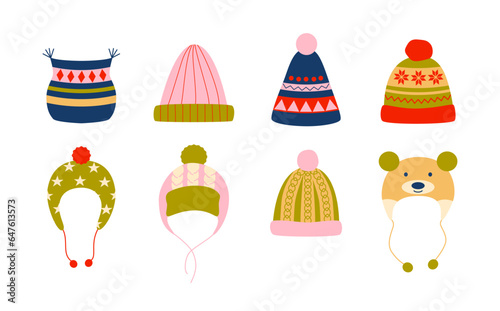 Knitted colorful hats, woolen headgear. Warm head wear. Autumn and winter accessories. Retro vintage colors.