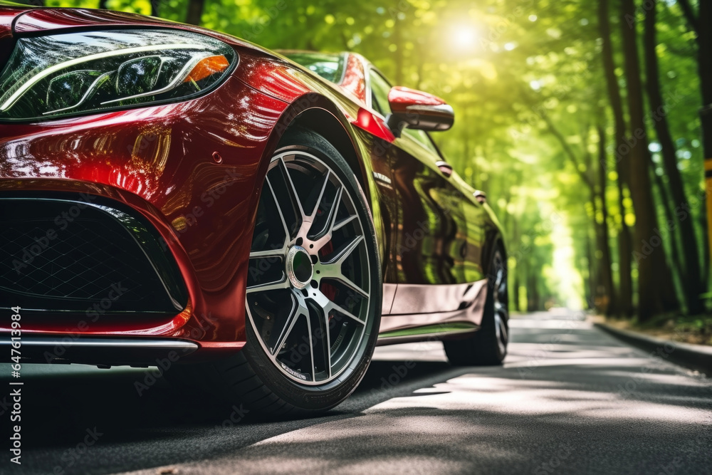Close -up of luxury sports car tires and wheel parked on asphalt roads. The background of the beautiful light and green trees. - obrazy, fototapety, plakaty 